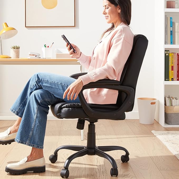 Amazon Basics Classic Puresoft PU Padded Mid-Back Height Adjustable Office Computer Desk Chair with Armrest, 26"D x 23.75"W x 42"H, Black-DeskLoop Office
