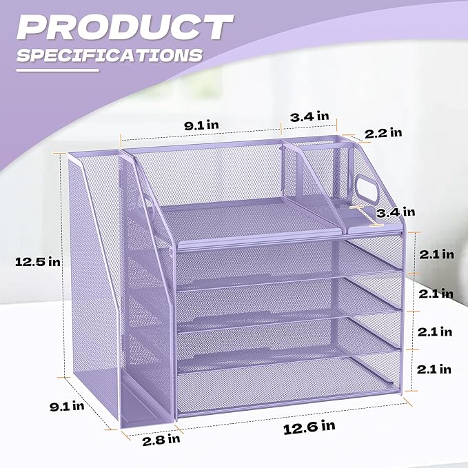 DocNest 5 Tier Paper Letter Tray File Organizer, Mesh Desk File with Handle, Workspace Desk Organizers with Pen Holder, Office Organization Storage Accessories - Purple-DeskLoop Office
