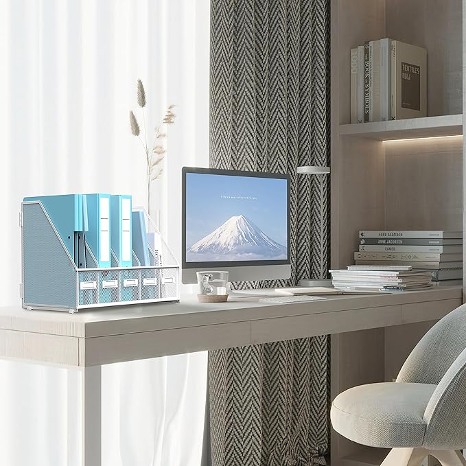 SUPEASY Desk Organizers Metal Desk Magazine File Holder with 5 Vertical Compartments Rack File Organizer for Office Desktop, Home Workspace, White Plus-DeskLoop Office