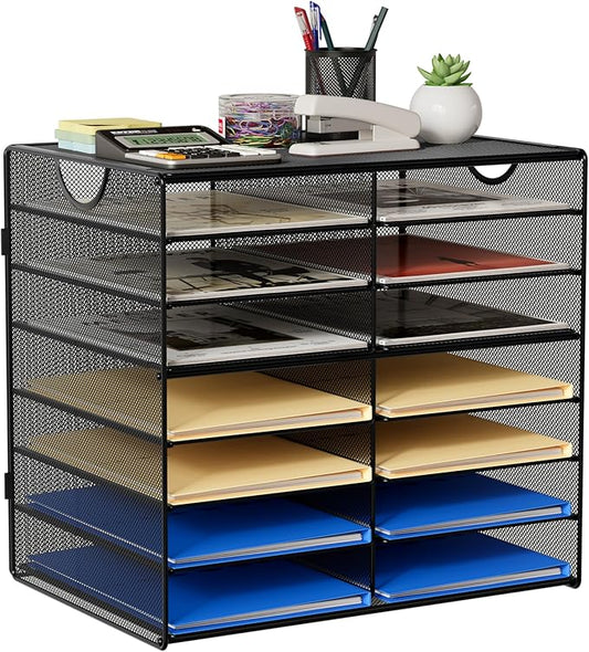 EasyPAG 14-Slot Mesh Desk File Organizer with Handle, Metal Frame Paper Tray for Classroom/Office/Home - Easy Assembly, Durable Tiered Sorter & A4/Letter Size, Black-DeskLoop Office
