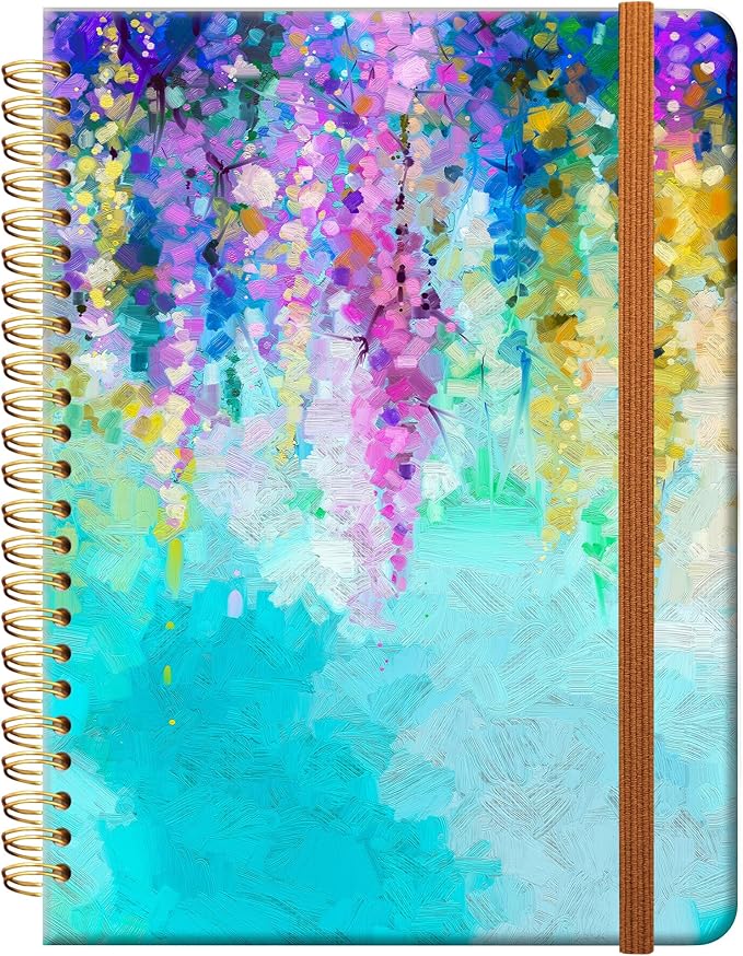 Ruled Spiral Writing Notebook,A5 Hardcover Lined College Journal for Women Lady,Fashion Puppy Watercolor Strong Twin-Wire Binding with Premium Paper,8.4" X 6",Perfect for School,Office,Home Gifts(Oil Painting Spring Flowers)-DeskLoop Office