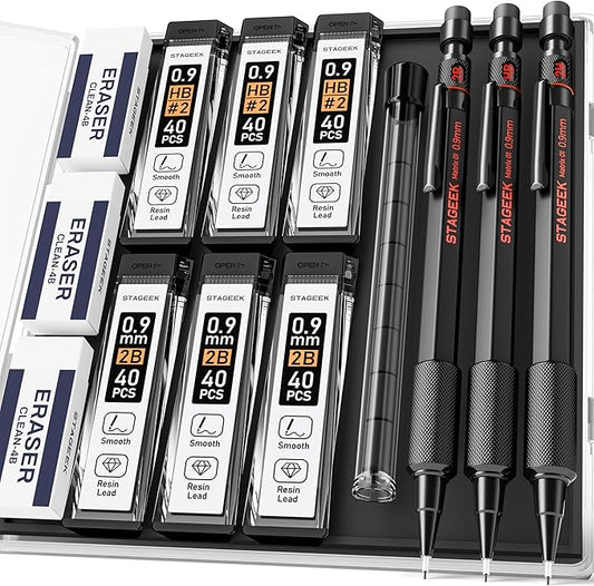 0.9mm Mechanical Pencil Set, 3PCS Metal Mechanical Pencils 0.9mm with 6 Tubes HB & 2B Lead Refills,Erasers, Weatherproof Artist Pencils with Case for Outdoor Writing Drafting Drawing-DeskLoop Office