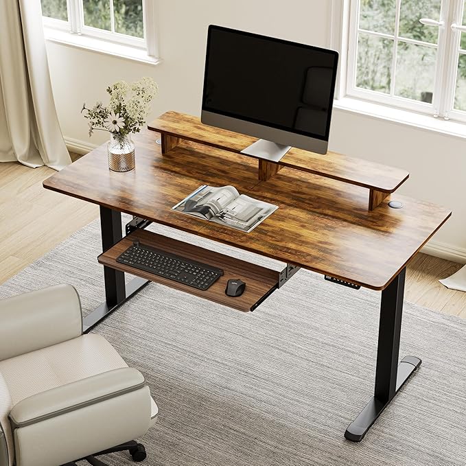 EUREKA ERGONOMIC Adjustable Keyboard Tray Under Desk, 28x11 Inch Large Slide Out Keyboard & Mouse Platform Tray, Wooden Pull Out Computer Keyboard Drawer for Typing Home Office Desk, Walnut-DeskLoop Office