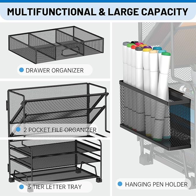 5 Tier Desk Organizer with Drawer & Pen Holders, Desk File Organizer Letter Tray Paper Organizer, Black-DeskLoop Office