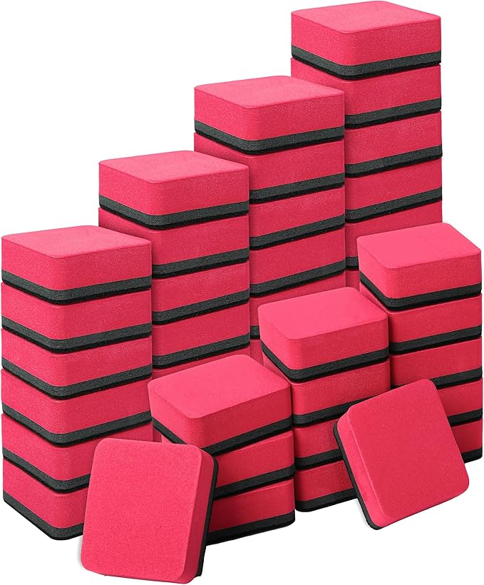Dry Erase Erasers, 48 Pack Magnetic Whiteboard & Chalkboard Cleansers, Small Magnetic Erasers (Red)-DeskLoop Office
