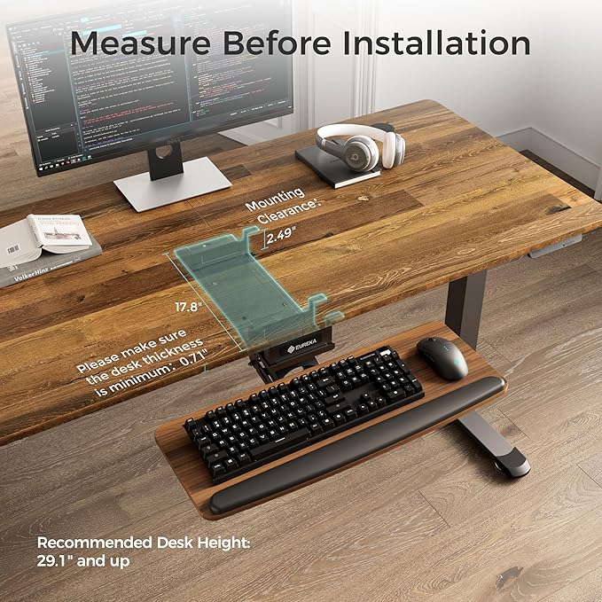 EUREKA ERGONOMIC Keyboard Tray Height Adjustable, Swivel Tilt Computer Keyboard Drawer Under Desk, 25x9.13'' Sliding Keyboard & Mouse Platform with Mouse Pad for Typing, Walnut-DeskLoop Office