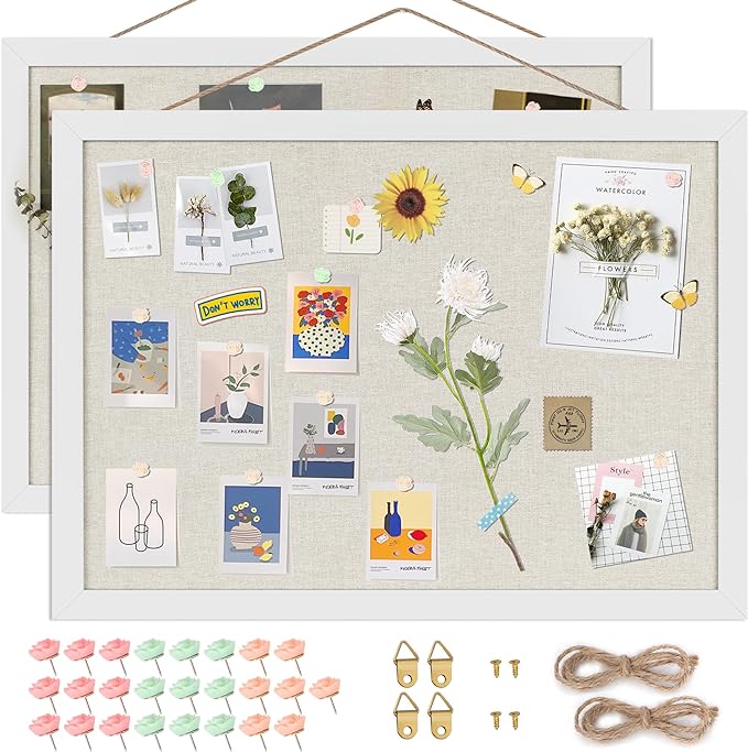 Cork Board Bulletin Board 16.7" x 11", 2-Pack Small Linen Corkboards with Frame for Walls, Cute Picture Display Pin Board Vision Board for Room School Office Bedroom 25 Pushpins Vintage White-DeskLoop Office