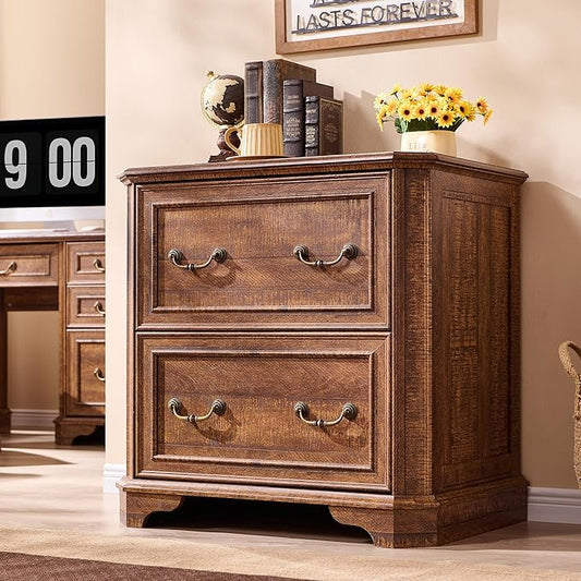 T4TREAM 2 Drawer File Cabinet-30 Wide Wooden Extended Desktop, Farmhouse Filing Cabinet with Smooth Rails, Holds Letter/Legal/A4, Hexagonal Design & Framed Drawer Fronts, Reclaimed Barnwood-DeskLoop Office