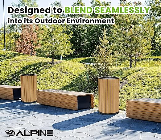 Alpine 32 Gallon Commercial Outdoor Trash Can - Heavy Duty Garbage Can Outdoor, Industrial Open Top Trash Can with Plastic Panels for Patio, Parks, Trails, Resorts (Flat Lid - Cedar)-DeskLoop Office