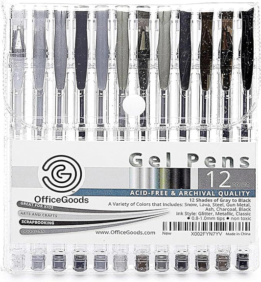 OfficeGoods Grey & Black Gel Pens with Refills – Glitter Metallic Classic – Medium 0.8-1.0mm Tips – Non-Toxic Gel Pens Set – Quick Dry Smudge-Free 12 Pack Colors-DeskLoop Office