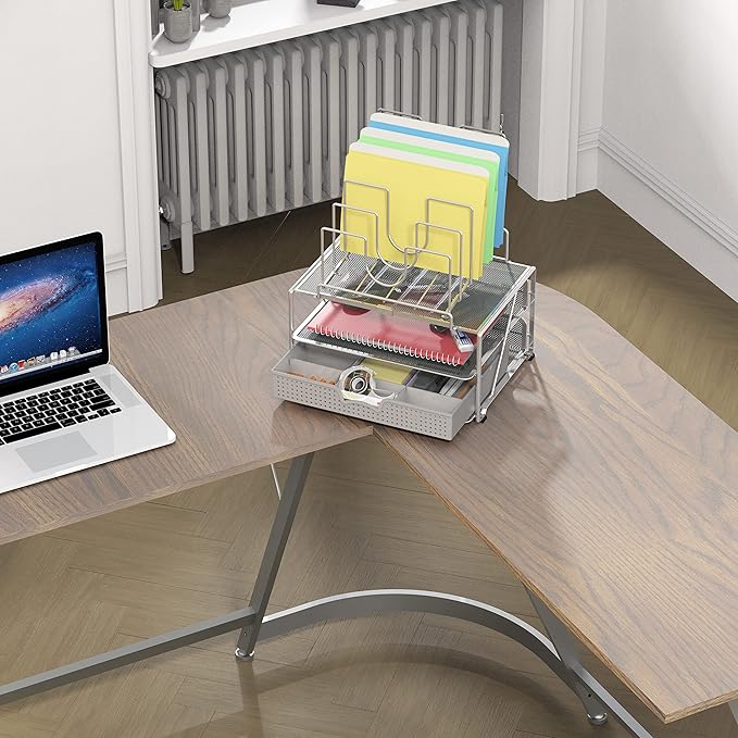 DecoBrothers Desktop File Organizer with Double Tray and 5 Folder Stand, Silver-DeskLoop Office