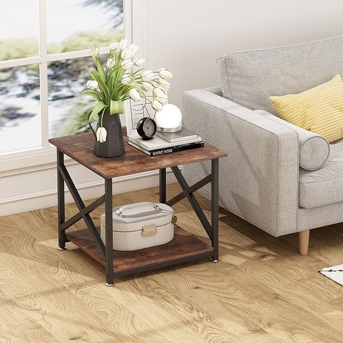 Large Printer Stand, 23.6 x 23.6 x 22.6 Inches Square Printer Table with Storage Shelf, 2 Tier Rolling Printer Cart with Industrial Wheels for Home Office - Rustic Brown-DeskLoop Office