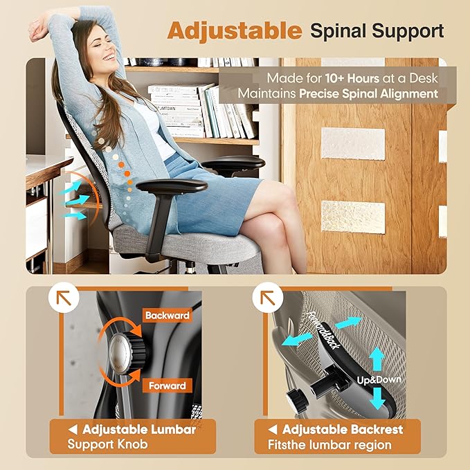 ELABEST Ergonomic Office Chair,Home Desk Chair with Mesh Back,Adjustable Lumbar Support,Built-in Springs Wide Seat,Executive Task Chair with 3-D Big Armrests,Tilt Function,Computer Desk Chair (Grey)-DeskLoop Office