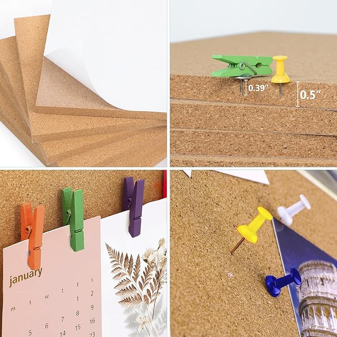 AKTOP Cork Board Bulletin Board 17"x8", 1/2" Thick Cork Board Tiles 6 Pack, Small Pin Board for Wall Decor, Self Adhesive Corkboards with 60 Push Pin Wood Clips for School, Home & Office-DeskLoop Office