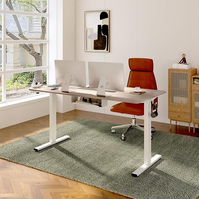 FLEXISPOT EN2 Whole-Piece Standing Desk with Clamp Power Strip, 48 x 30 Electric Stand Up Height Adjustable Desk with Cable Management (White Frame + 48" Gray Wood Grain, 2 Packages)-DeskLoop Office