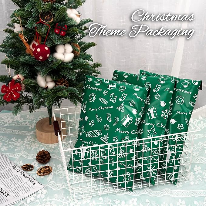Christmas Poly Mailer - 6x9 Inch, 100 Pcs Waterproof Tear-Resistant Mailer Bags with Self-Seal - Green Merry Christmas-DeskLoop Office