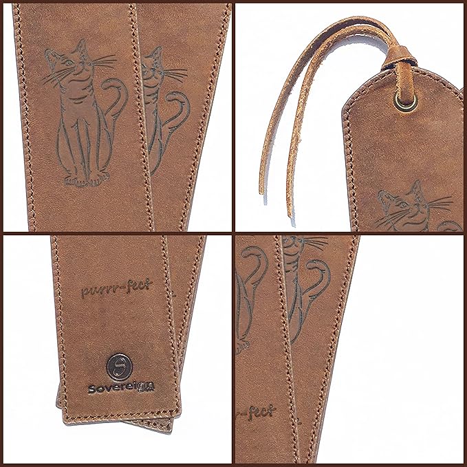 Leather Bookmarks for Men and Women | Quality Mens Bookmark with Cute Cat | 2 Smooth Handmade Leather Book Markers for Men Women Book Lovers Readers (7x2) Leather Gift | Sovereign-Gear