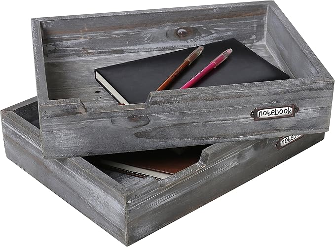 Set of 2 Ash Gray Wood Office Desktop Document Letter Paper Trays, Stackable Decorative Multipurpose File Organizer-DeskLoop Office