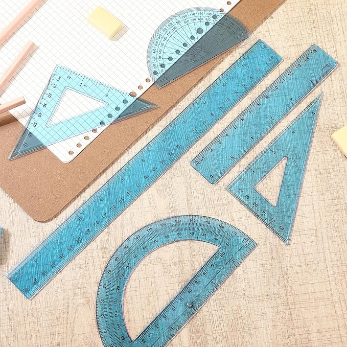 Tenare 1 Set Plastic Clear Math Set Includes Protractor Triangle Rulers 12 Inch 6 Inch Straight Geometry Math Transparent Ruler Measuring Tool for School Office Home Supplies(Blue)-DeskLoop Office