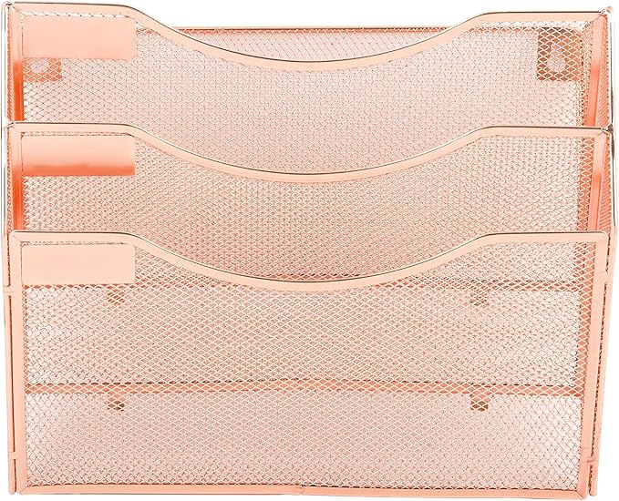 EASEPRES 3 Pocket Mesh Hanging Wall File Organizer, Wall Mounted Mail Paper Document Folder Holder, Clipboard Storage Organization Magazine Rack with Nametag Label for Office Home School, Rose Gold-DeskLoop Office