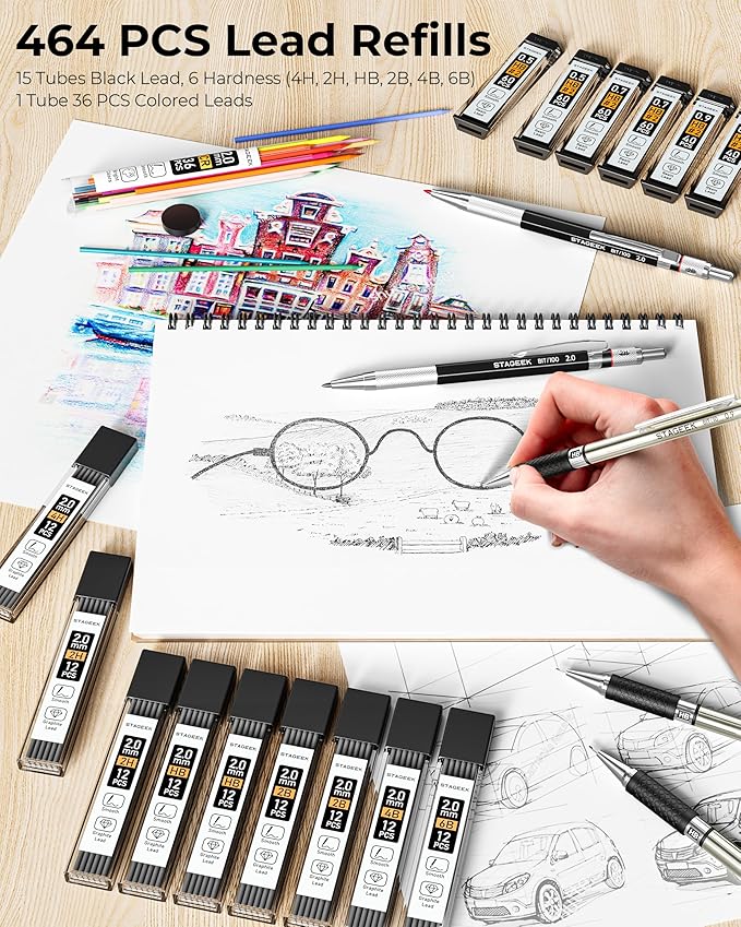 30PCS Mechanical Pencil Set with Canvas Bag, Drawing Pencils 0.5, 0.7, 0.9MM & 3PCS 2MM Sketching Pencil with 464PCS Leads (6B 4B 2B HB 2H 4H Color) for Artist Drafting Drawing Writing-DeskLoop Office