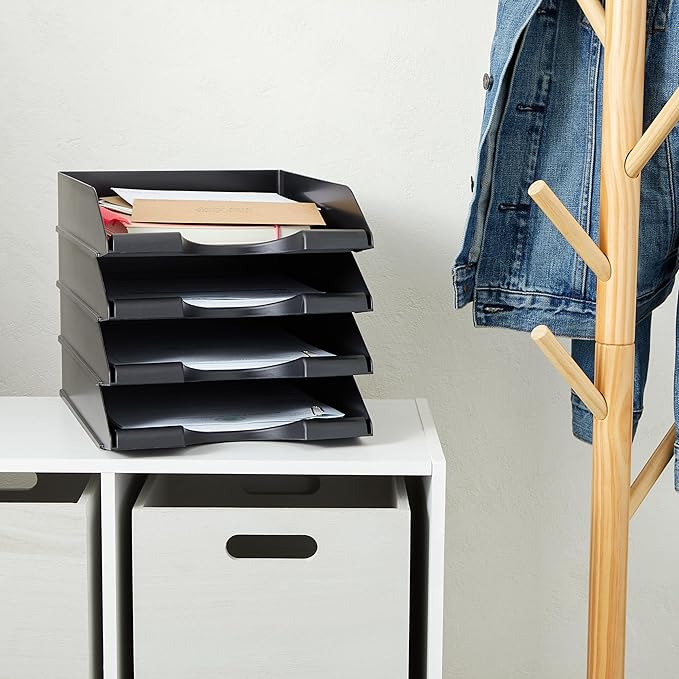 Stockroom Plus Letter Trays - 4-Pack, Black, 10 x 13.5 x 2.5 in - Stackable Paper Trays & Desktop File Organizer - Mail Organizer & Document Storage-DeskLoop Office