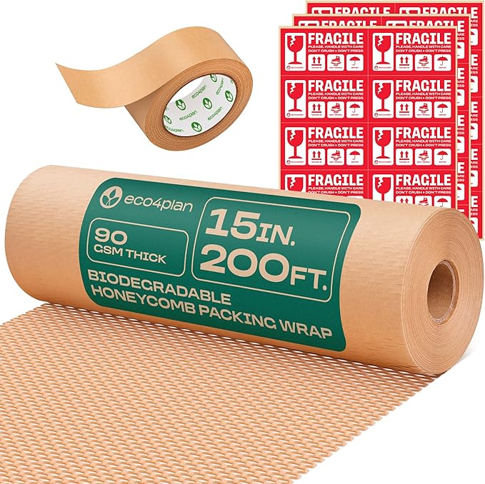 Honeycomb Packing Paper | Extra Thick 90 GSM Packing Wrap | Biodegradable Packing Materials: 15” x 200’ Moving Paper + 195’ Cellulose Adhesive Tape + 30 Fragile Stickers | Paper Bubble Wrap-DeskLoop Office