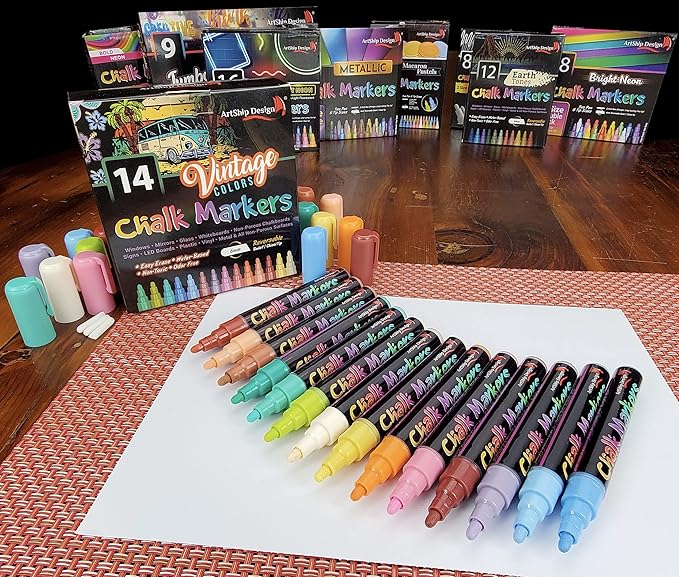 ArtShip Design 14 Vintage Colors Chalk Markers - Reversible Medium Tip Liquid Chalk Pens Wet Erasable - Menu Boards, Glass, Windows, Whiteboards, Classrooms, Mirrors, Chalkboards, Plastic, Metal-DeskLoop Office