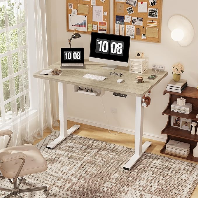 FLEXISPOT EN2 Whole-Piece Standing Desk with Clamp Power Strip, 48 x 24 Electric Stand Up Height Adjustable Desk with Cable Management (White Frame + 48" White Wood Grain Desktop)-DeskLoop Office