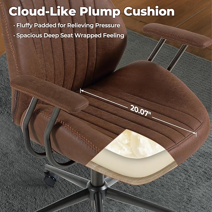 ovios Ergonomic Home Office Chair, Mid-Century Modern Faux Leather Chairs with Padded Armrests, Comfy High Back Swivel Rolling Executive Computer Armchair (Dark Brown, Suede Leather)-DeskLoop Office