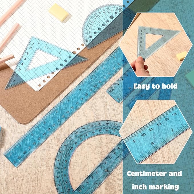 Tenare 1 Set Plastic Clear Math Set Includes Protractor Triangle Rulers 12 Inch 6 Inch Straight Geometry Math Transparent Ruler Measuring Tool for School Office Home Supplies(Blue)-DeskLoop Office