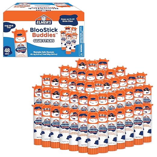 Elmer's BlooStick Buddies Glue Sticks, Disappearing Blue Glue Stick, Anti-Roll Cap, 6g, 48 Count-DeskLoop Office