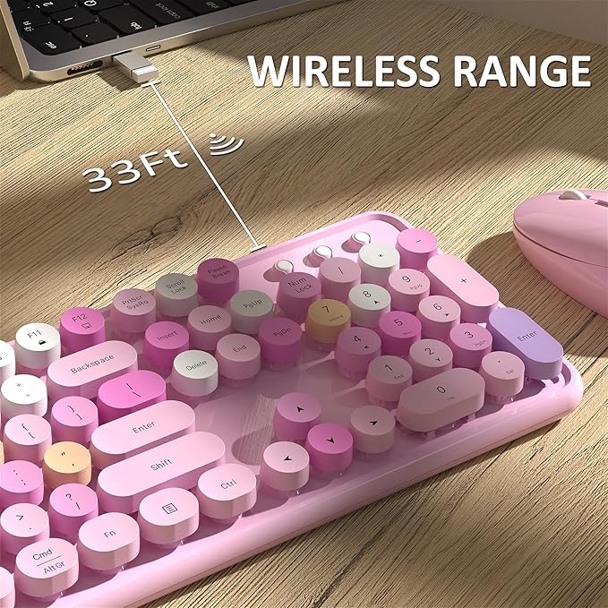 Wireless Keyboard and Mouse, Full-Size Retro Typewriter Keyboard with Round Keycaps, 2.4GHz for Windows, Mac, Laptop, PC, Desktop (Pink Colorful)-DeskLoop Office