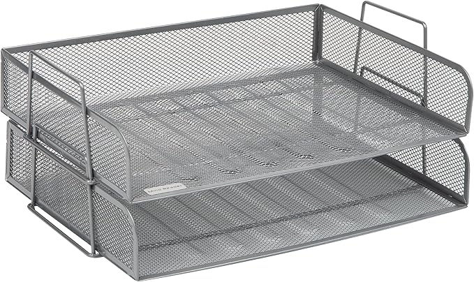 Mind Reader Stackable Paper Tray, Desktop Organizer, File Storage, Office, Metal Mesh, 13.25" L x 9.75" W x 6.25" H, 2 Pcs., Silver-DeskLoop Office