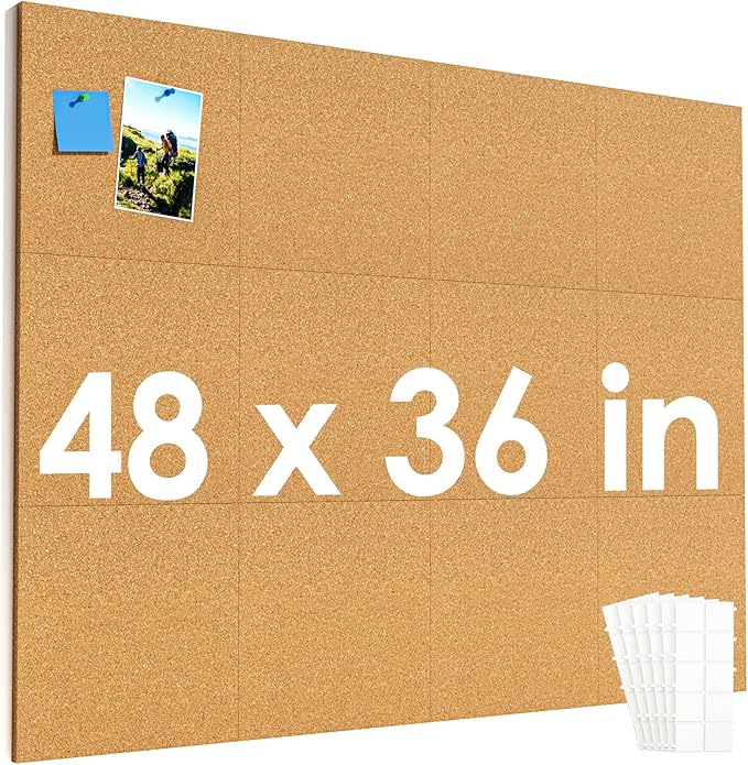 MaxGear Large Cork Board for Wall 48" x 36", 12 Pack Cork Board Tiles with 40 Pushpins & Safe Removable Adhesive Tabs, 12" x 12" Corkboards for Office, School & Home-DeskLoop Office