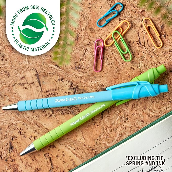 Paper Mate FlexGrip Ultra Ballpoint Pens, Made from Recycled Plastic Materials, Assorted Barrel Colors, Medium Point (1.0mm), Black, 12 Count