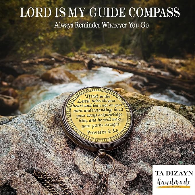 Trust in The Lord With All Your Heart - Proverbs 3:5-6 Quote Engraved Compass With Wooden Box, Greeting Card, Gift Compass, Graduation Day Gifts 2024 for Women Men Boys Girls-DeskLoop Office