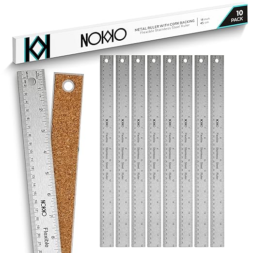 NOKKO 18 Inch Metal Ruler with Cork Backing, Pack of 10 - Flexible Stainless Steel Straight Edge Ruler with Inches and Centimeters, Non-Slip Backing for Precision and Stability-DeskLoop Office