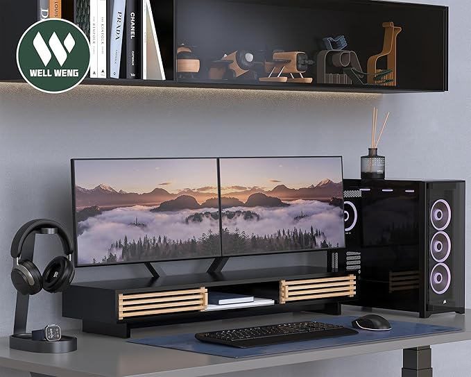 Dual Monitor Stand Riser with Sliding Door, Double Computer Laptop Stand Desk Shelf Organizer with Storage (Black + Natural Bamboo, 38 Inch)-DeskLoop Office