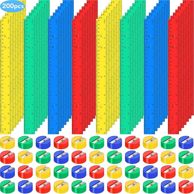 100 Pcs Plastic Rulers and 100 Pcs Mini Round Manual Pencil Sharpener Bulk, 4 Assorted Colors Pocket Sized Pencil Sharpeners Colorful Straight Ruler Back to School Supplies for Kids (Fresh,12 Inch)-DeskLoop Office