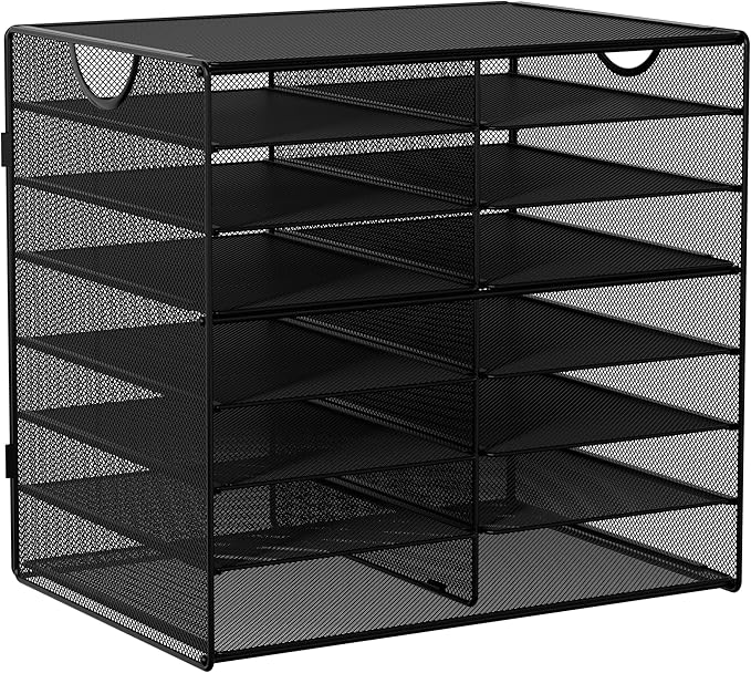 EasyPAG 14-Slot Mesh Desk File Organizer with Handle, Metal Frame Paper Tray for Classroom/Office/Home - Easy Assembly, Durable Tiered Sorter & A4/Letter Size, Black-DeskLoop Office