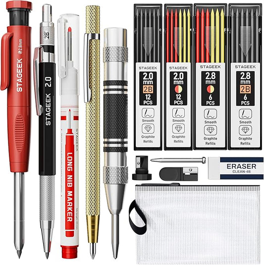 14 Pack Carpenter Pencil Set with Sharpener, Carpenter Pencils with Automatic Center Punch, Carbide Scribe Tool, Deep Hole Long-Nib Marker Pen & Construction Pencils for Architect with Pouch-DeskLoop Office