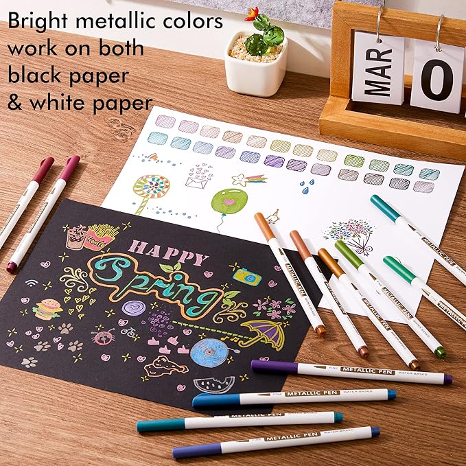 Shuttle Art Metallic Marker Pens, 30 Colors Metallic Paint Markers with 1 Coloring Book Fine Point for DIY Card, Calligraphy, Art and Crafting Projects, Works Great on Black Paper, Scrapbooks, Rock-DeskLoop Office