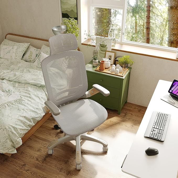 GABRYLLY Ergonomic Office Chair, High Back Home Desk Chair with Flip-Up Arms, Headrest, 90-120° Tilt and Wide Cushion, 400LBS White Mesh Chair for Work Gaming Study (GY01-NT, Woodgrain Pattern)-DeskLoop Office