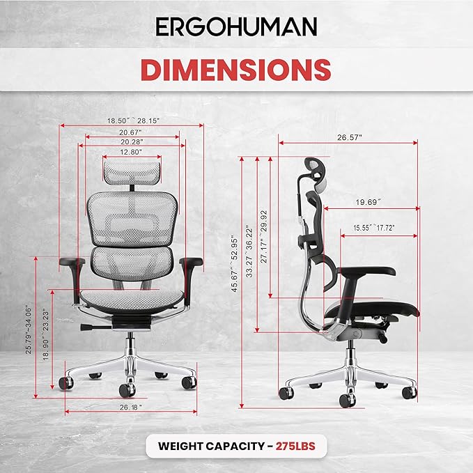 Ergohuman Eurotech ME7ERG GEN2 High Back Mesh Office Chair with Tilt Tension Control, Tilt Lock, Back Angle, Back Height, Synchro Tilt, Seat Height, Seat Depth, and Arm Height Adjustments, Grey-DeskLoop Office
