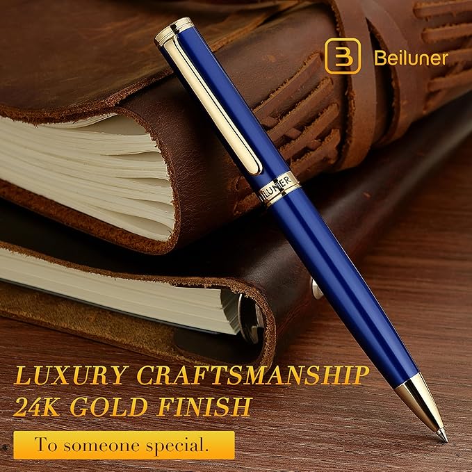 BEILUNER Blue Lacquer Gel Pen - Stunning Luxury Pen with 24K Gold Finish, ADMOK Black Refill, Executive Gift Set for Family & Friends, Writing, Fancy, Office, Retractable Pens-DeskLoop Office