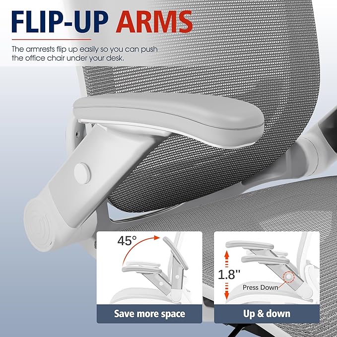 GABRYLLY Ergonomic Office Chair, High Back Home Desk Chair with Headrest, Flip-Up Arms, 90-120° Tilt Lock and Wide Cushion, 400LBS Mesh Chairs for Man Woman, White Task Chair(Dark Grey,GY01WDG)-DeskLoop Office