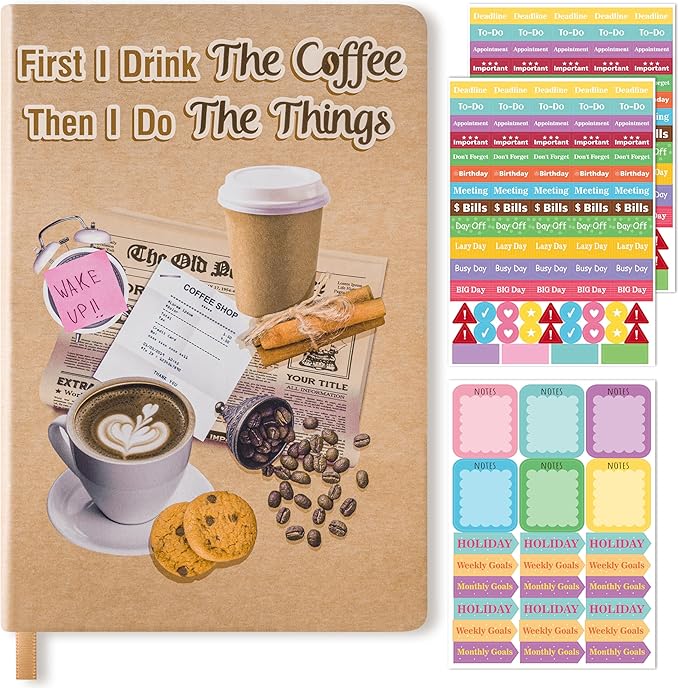 B1ykin Hardcover Ruled Journal Notebook with Planner Stickers, 196 Pages PU Leather Journal Notebook Journals Diary Notepad for Writing Travel Business Work School College Note Taking (Coffee)-DeskLoop Office