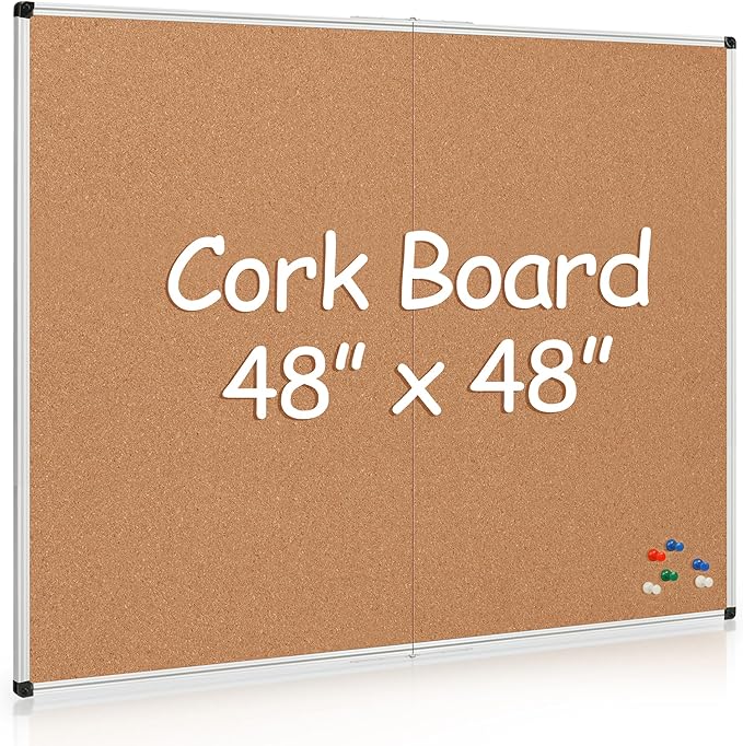 Board2by Extra Large Cork Bulletin Board 48" X 48", Foldable Notice Pin Board for Wall, Silver Aluminum Framed 4'x4' Corkboard, Wall Mounted Noticeboard with 36 Push Pins for School, Home & Office-DeskLoop Office
