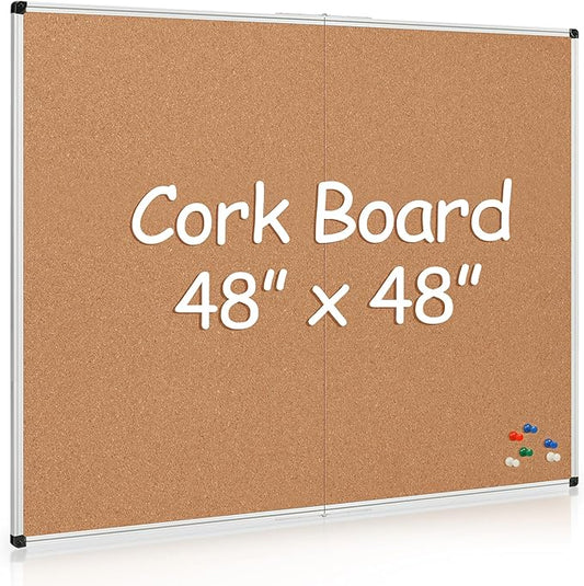Board2by Extra Large Cork Bulletin Board 48" X 48", Foldable Notice Pin Board for Wall, Silver Aluminum Framed 4'x4' Corkboard, Wall Mounted Noticeboard with 36 Push Pins for School, Home & Office-DeskLoop Office